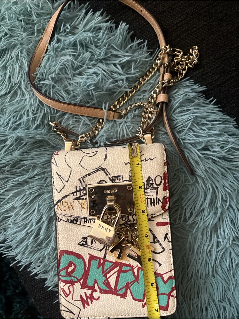 DKNY Cream Graffiti Print Crossbody Phone Bag with Gold Hardware
